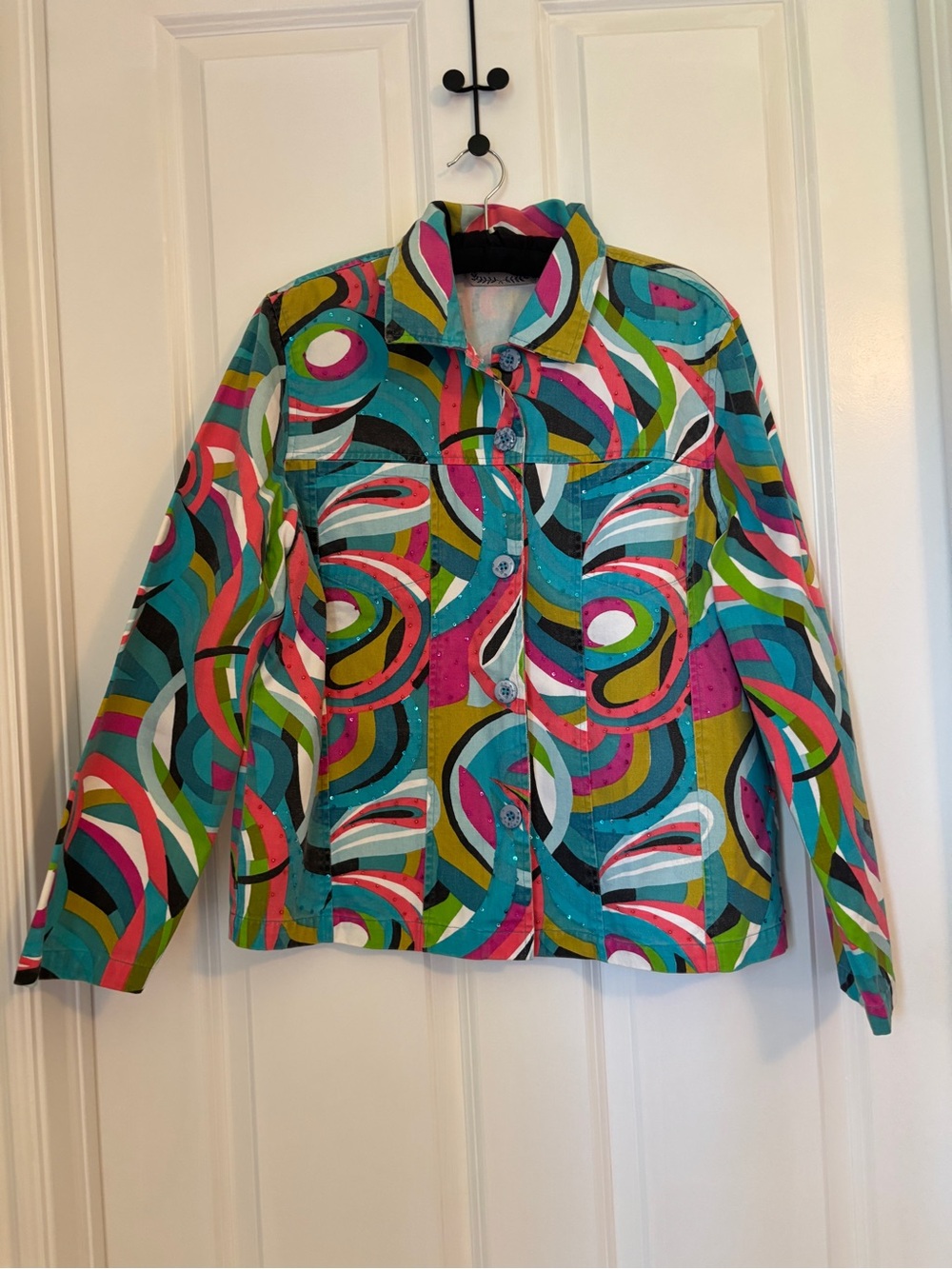 Lifestyle - Women’s Colorful Denim Abstract Jacket - Multicolor. Size L Sequin